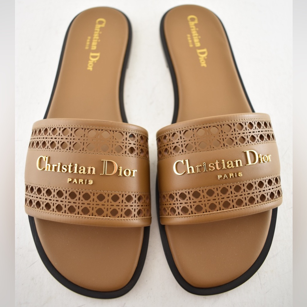 Dior D-Lane Dway Micro Cannage Chestnut Brown Leather Logo Slide Flat Sandal 39 - Picture 2 of 16